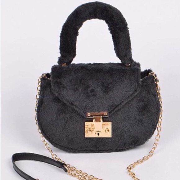 Soft Black Faux Fur Gold Chain Crossbody Mini Bag - Picture 2 of 5